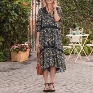 [Sundance] Black Floral Print Isadora Blooms Boho Tiered Midi Dress NWOT Small